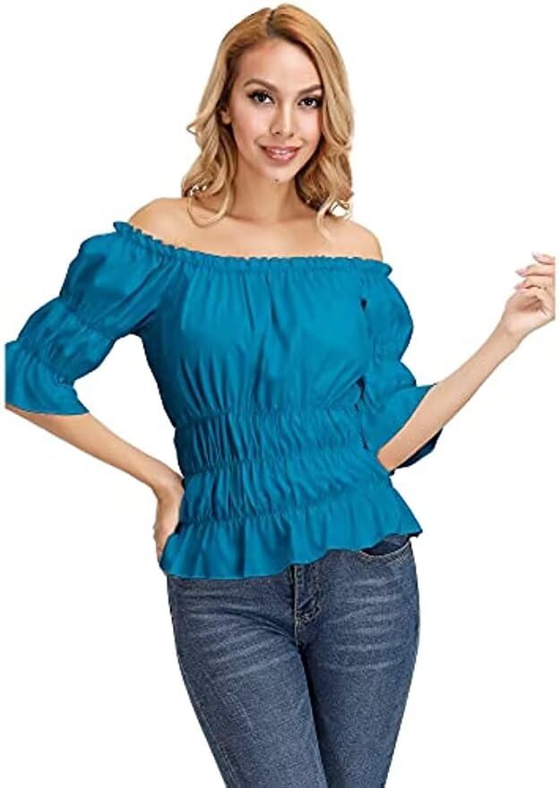 jutrisujo Ladies Tops Blouses for Women Renaissance Medieval Pirate Shirt Gothic Off The Shoulder Short Sleeve Elegant Plus Size Blue XXS