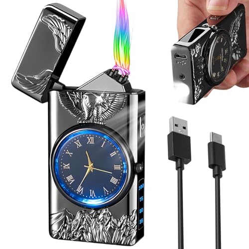 Mechero eléctrico de plasma: arco eléctrico recargable por USB, con reloj y función de iluminación LED, resistente al viento, con indicador de batería LED, regalo para hombres (águila)