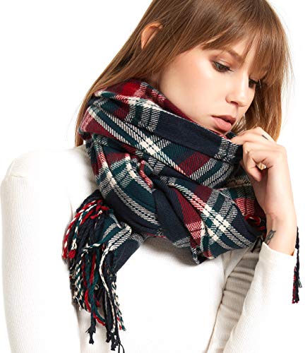 Women's Open Poncho Cape Ruana Wrap Shawl Tartan Plaid Cardigan Wool Warm Tassel Blanket for Fall Winter(red and green)