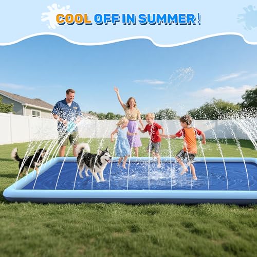 Image of 144 x 87 in Giant Rectangle Splash Pad for Dogs & Kids, Extra Large Non-Slip Sprinkler Pool, Shallow Water Play Mat for Backyard Family Water Fun, Teal