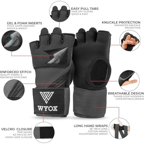 Image of WYOX Neoprene Gel Boxing Hand Wraps Inner Gloves for Men & Women - 80cm /31in Quick Wrist Strap, Padded Knuckle Protection, Fingerless MMA Muay Thai Kickboxing Wraps for Training & Martial Arts