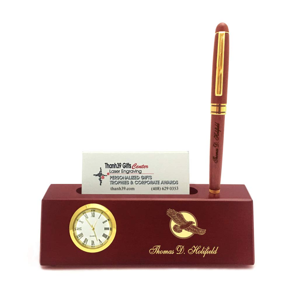 Personalized Solid Rosewood Business Card Holder with Clock and Pen for Men
