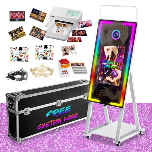 Image of Magic Mirror Photo Booth with Printer 45-22 inch Touch Screen DSLR Photo Booth with RGB Light Instant Printing and Sharing Professional PhotoBooth for Party (White-2)