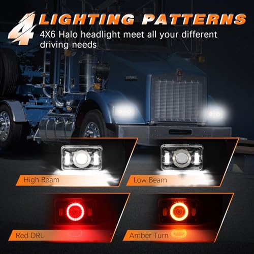 Image of 4x6 LED Headlights [DOT Approved] with Halo Red DRL Amber Turn Signal Light [High Low Sealed Beam] Compatible for Peterbilt 379 Kenworth T800 T600 Freightinger Ol-dsmobile Trucks