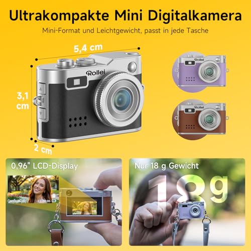 Rollei Minidigitalkamera Vintage Schwarz, 1080P FHD Kleine Retro Digitalkamera mit 0,96 Zoll Farbbildschirm 2MP Daumenkamera Kompakte Fotokamera mit Blitz & Aufzeichnung, Mini-Digital-Kamera-Klein