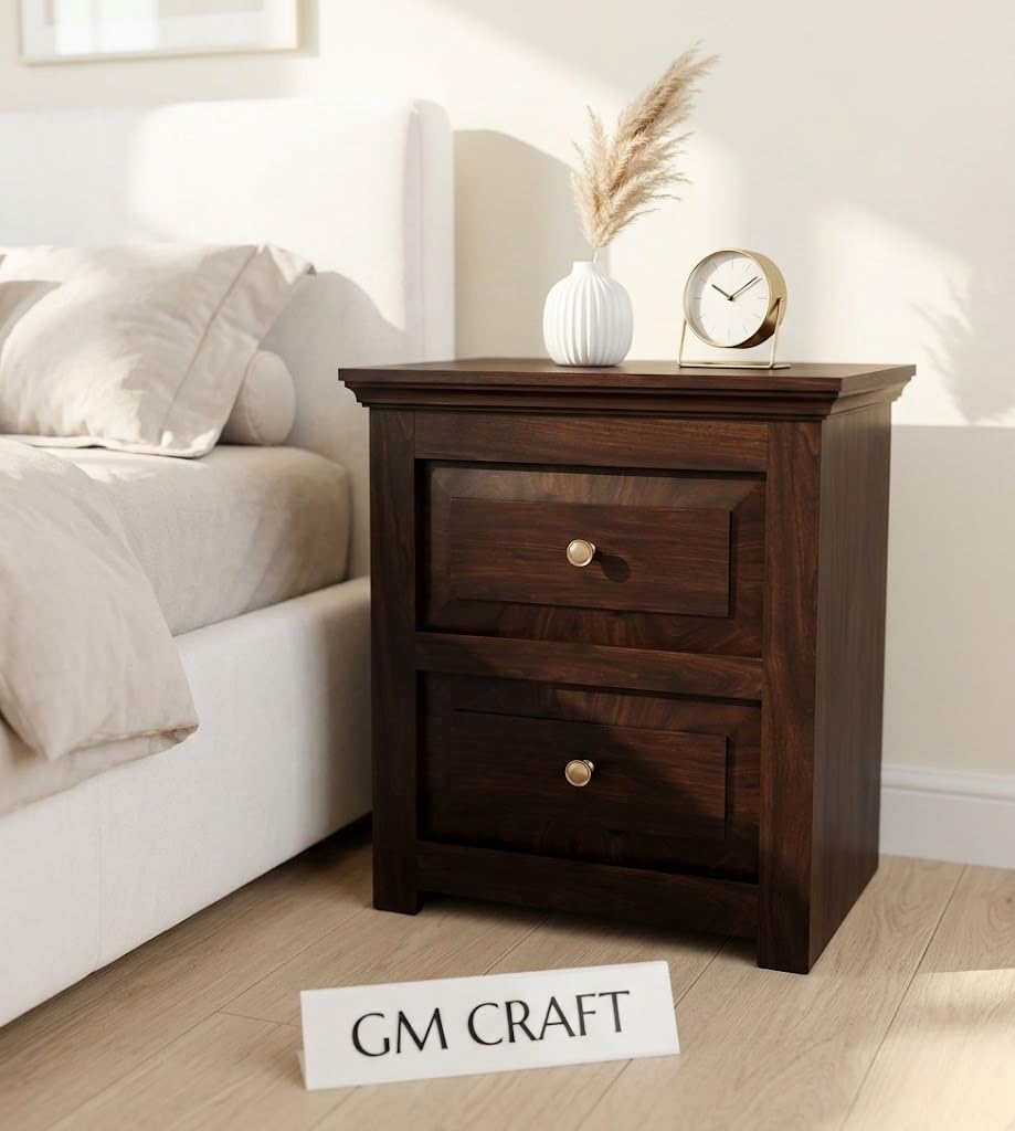 Sheesham Wood Bedside Table for Bedroom with 2 Drawer - Wooden Bedside Table with Drawer Storage Nightstand End Table for Living Room Sofa Side Table (Ezra, Walnut)-image-22