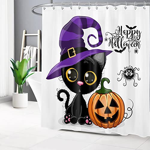 Ecotob Happy Halloween Pumpkin Shower Curtain Cartoon Cute Witch Cat In Purple Magic Hat Halloween Bathroom Curtain, Spider Ghost Pumpkin Black Cat Bath Curtain Hooks Include, 69X70 Inch Fabric #TOP2