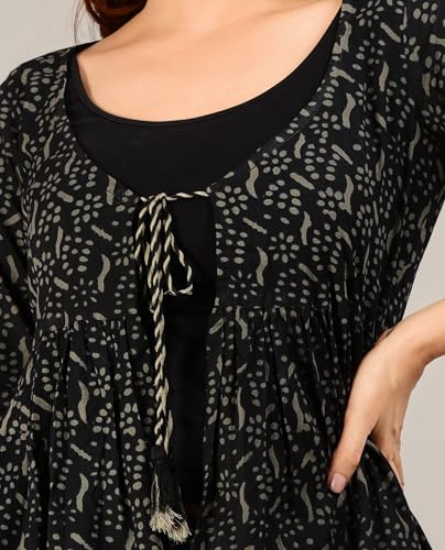 Image of COTLAND Fashions Jaipuri Cotton Abstract Printed Black Shrug /Jacket /Cape for Women (Black & White)