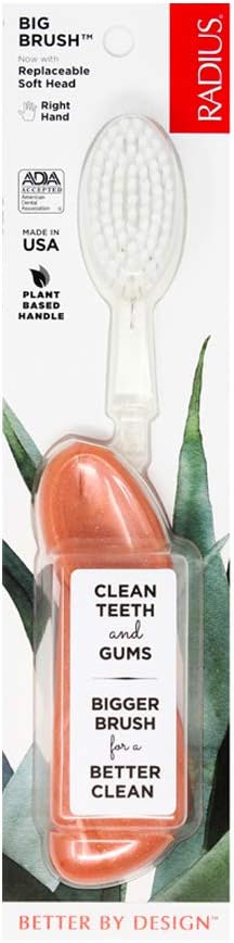RADIUS Toothbrush Big Brush with Replaceable Head, Right Hand, Soft in Coral Sparkle, BPA Free and ADA Accepted, Designed to Improve Gum Health and Reduce the Risk of Gum Disease