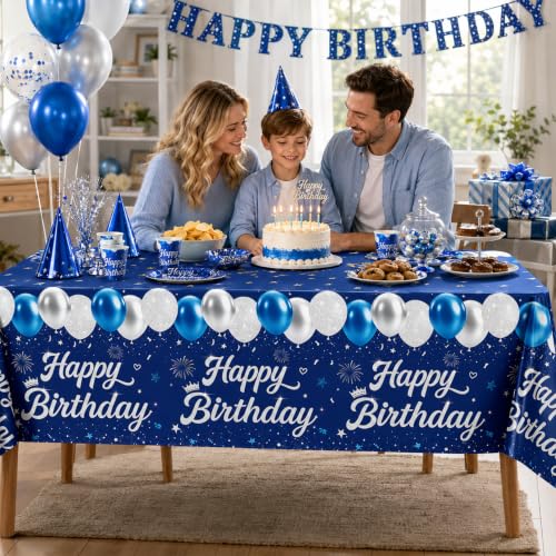 Image of 4 Pack Blue and Silver Happy Birthday Tablecloths, 54 x 108 Inch Covers | Blue and Silver Birthday Party Decorations for Boys, Teens and Men, Ideal for Cake, Dessert, Gift and Buffet Tables