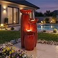 Ultym 30" H Ceramic Outdoor Water Fountain with LED Lights, 3-Tier Cascading Lotus Bowls Water Feature, Tranquil Waterfall for Relaxing Garden, Patio, Yard, Terracotta Red, Vertical Striped Texture
