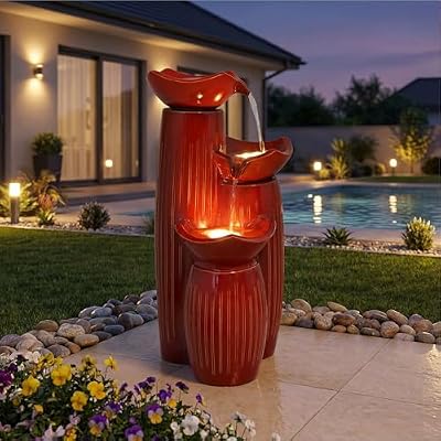Ultym 30" H Ceramic Outdoor Water Fountain with LED Lights, 3-Tier Cascading Lotus Bowls Water Feature, Tranquil Waterfall for Relaxing Garden, Patio, Yard, Terracotta Red, Vertical Striped Texture
