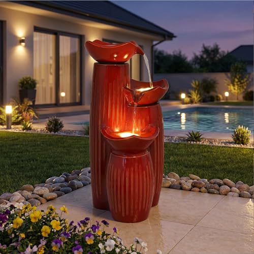 Ultym 30 H Ceramic Outdoor Water Fountain with LED Lights 3-Tier Cascading Lotus Bowls Water Feature Tranquil Waterfall for Relaxing Garden Patio Yard Terracotta Red Vertical Striped Texture
