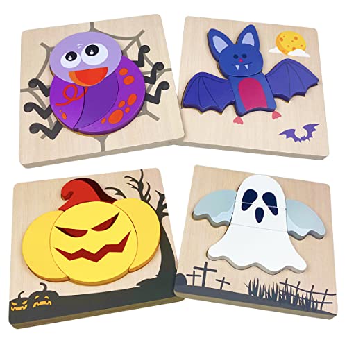 Image of Anditoy 4 Pack Halloween Wooden Puzzles for Kids Toddlers Halloween Toys Party Favors Treat Bags Gifts