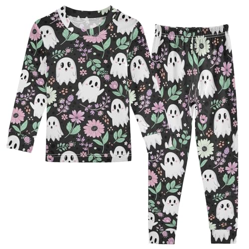 Pajama Sets Long Sleeve Ghost Floral Black Background Soft Comfy Sleepwear 2 Piece PJS 3-8T