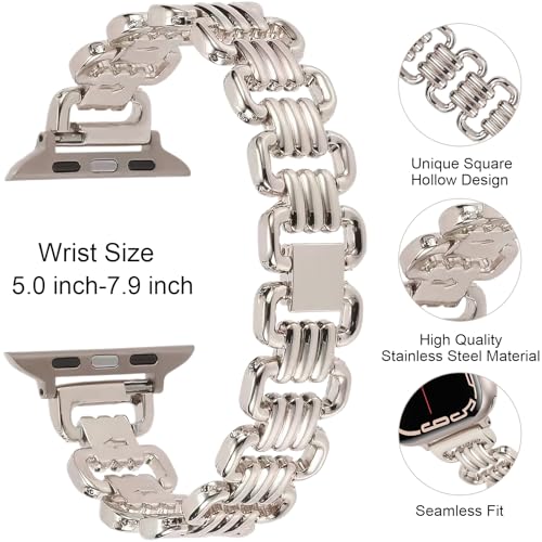 Adromu Metal Band Compatible with Apple Watch Bands 49mm 45mm 44mm 42mm 41mm 40mm 38mm Women Men, Dressy Stainless Steel Square Hollow Design Jewelry Adjustable Strap for iWatch Ultra 2 SE Series