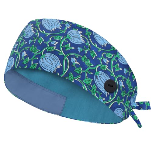 Image of Adjustable Scrub Cap with Button, Satin-Lined Cotton Scrub Hat Sweatband, Elastic Working Hat Unisex, One Size
