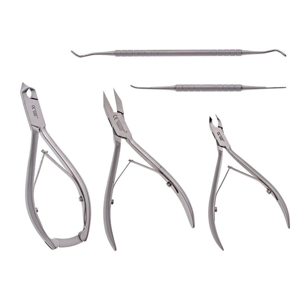 OTTO HERDER Maniküre Set mit Nagelzangen und Podologie Instrumente, rostfrei, 5-teiliges Set mit Kopfschneider, Eckenzange, Hautzange, Eckenheber und Eckenfeile