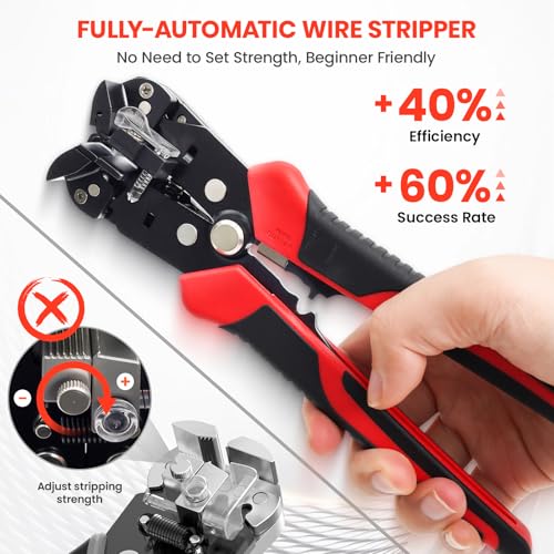 Image of HARDELL+ Wire Stripper, 20-10 AWG Automatic Wire Strippers, 3-IN-1 Self Adjusting Wire Stripper Tool, Stripping /Cutting /Crimping Tool With 40PCS Terminals & Waterproof Bag For Electrician & DIYers