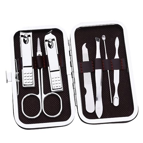FRCOLOR 7PCS Stainless Steel Nail Care Kit Durable Portable Manicure Set with Ergonomic Design for Men Women for Nail Trimming Eyebrow Grooming Random Leather Case Included