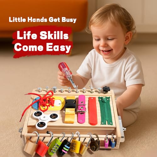 INIFEIDALA Montessori Wooden Busy Board - Fine Motor Skills Toys for 2-5 Year Old Boys Girls, Preschool STEM Life Skills Game, Latches Lock Key Sensory Toy, Screwdriver Board Set, Educational Gift - Image 6