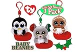 TY Baby Beanies Bundles (Mouse), Earmuffs (Penguin) & Jingly (Gingerbread) Keychain Ornaments Holiday (Christmas) Gift Set Bundle - 3 Pack