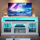 YITAHOME White TV Stand for 75/65 Inch TVs, 32'' Tall Mid Century Modern TV Cabinet with Adjustable Shelves and Glass Doors, Modern Entertainment Center TV Media Console Table for Living Room