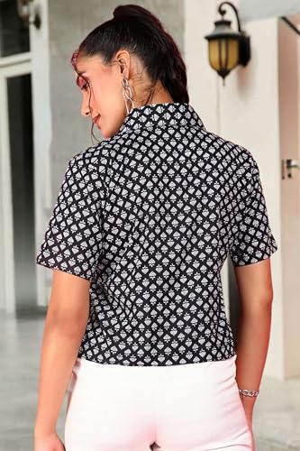 Image of POPWINGS Ethnic Printed Cotton Half Sleeves Regular Fit Crop Shirts for Women Stylish Western Casual Wear