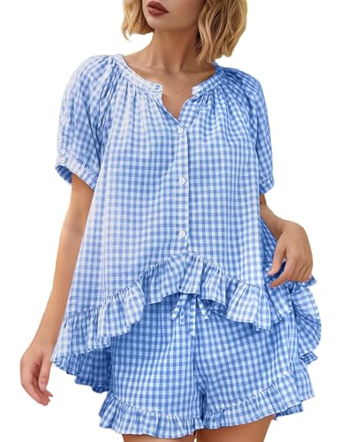 Yimoon Womens Gingham Pajamas Set Plaid Cotton Pj Set Puff Sleeve Ruffle Babydoll Shirt Shorts Summer 2 Piece Outfits