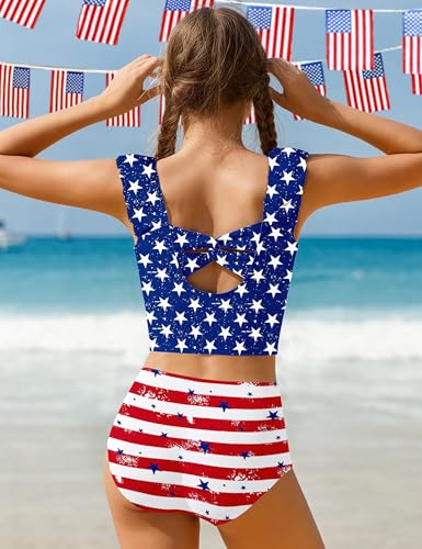 Image of Girls Tankini Swimsuit 2 Piece Bathing Suit Twist Cross Back Cutout Swim Tank Top Floral Print Swimwear for 7-18Y