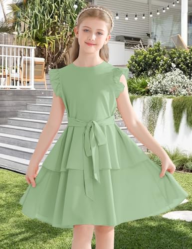 Girls' Dresses Ruffle Sleeve Solid Semi Formal Tiered Swing Midi Casual Summer Dress 6-14 Years3