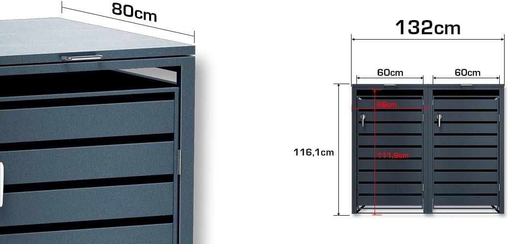 Diagram showing the dimensions of the Metzler bin enclosure: 80cm depth, 132cm width (60cm per compartment), and 116.1cm height.