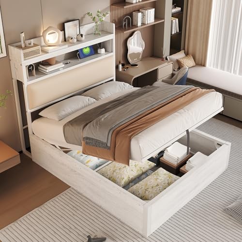 Letto Singolo con Contenitore 90x200 cm con USB/Type-C, Struttura Letto Imbottito con Vano Portaoggetti e Testiera, Letto Idraulico con Spazio Nascosto per Riporre Oggetti(Bianco)
