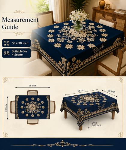 Image of Floral Dining Table Cover for 4 Seater | 58 x 38 Inch Rectangle Polyester Table Cloth | Washable Fabric Table Cover for Dining Table | Dust & Scratch Protection | Blue
