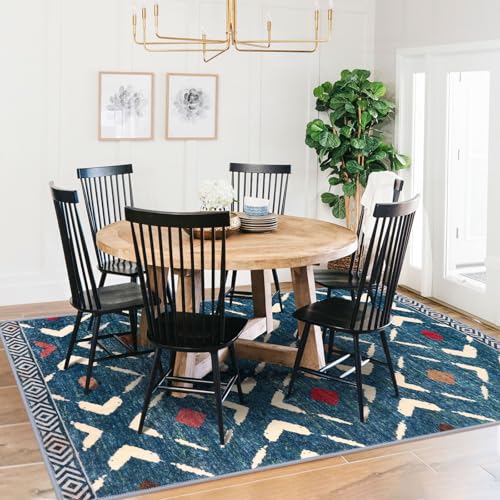 KILOCOCO Living Room Rug 5x7 Area Rug Printed Boho Washable Bedroom Rugs Non Slip Soft Large Moroccan Rubber Backed Indoor Rugs for Dining Room Office Farmhouse Geometric Carpet, Teal/Blue