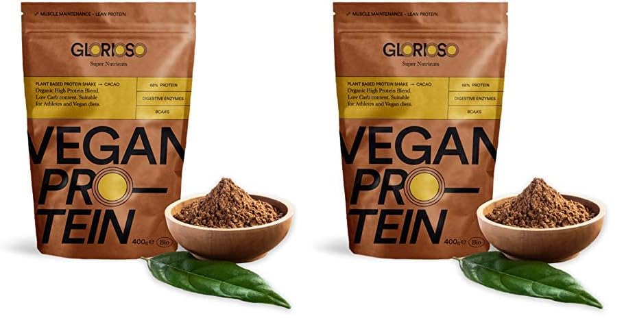 Proteína Vegana Sabor Chocolate en Polvo 100% - 400 g - Ideal para Dietas, Aumentar o Mantener Masa Muscular - Sin Lactosa ni Gluten - Glorioso Super Nutrients (Paquete de 2)