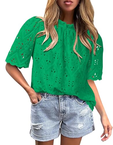 BETTE BOUTIK Womens Lace Tops 2025 Trendy Long Short Sleeve Eyelet Embroidered Dressy Casual Blouse Shirts