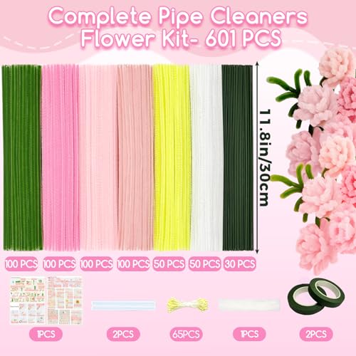 601PCS Complete Pink Pipe Cleaners Flower Kit–Pastel Pipe Cleaners for Flowers, DIY Craft Supplies for Projects, 6 Colors, with Floral Wires, Tape, Glue Sticks, Ribbon, Stamen, Manual & Video Tutorial by Wnawrofr - Image 2