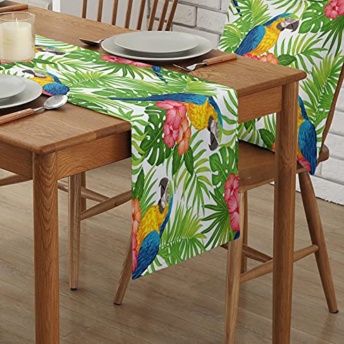 Custom Bed Usa Tropical Jungle Table Runner For Farmhouse Holiday Parties, Linen Burlap Table Runner Dresser Scarves Dining Table Decor 13X36 Inch, Parrot Flowers Green Leaves Theme #TOP1