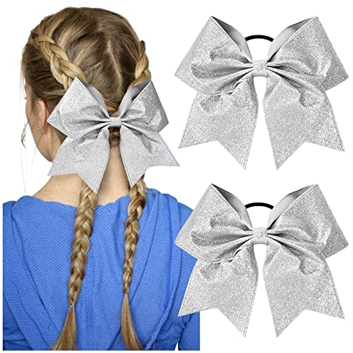 Deeka 2 Pcs 7" Large Cheer Bows Ponytail Holder Handmade For Girls Teens Softball Cheerleader Sports -Glitter Silver #TOP24