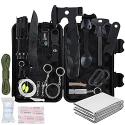 Kit de Supervivencia, 18 en 1 Equipo de Superviven...: 🏕️【El juego incluye】El equipo de supervivencia profesional 18 en 1 incluye: linterna, colgador de botellas de agua, destornillador, sierra de alambre, cuchara multifunción, cuerda salvavidas, cuchillo de camping, correa de mano, tirita (5 piezas), ve...