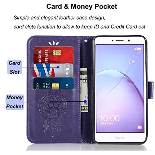 Sidande Case For Honor 6X/Mate 9 Lite/Gr5 2017 Wallet Case With Card Holder, [Wrist Strap] Owl Premium Pu Leather Flip Phone Case Cover For Huawei Honor 6X (Purple) #TOP2