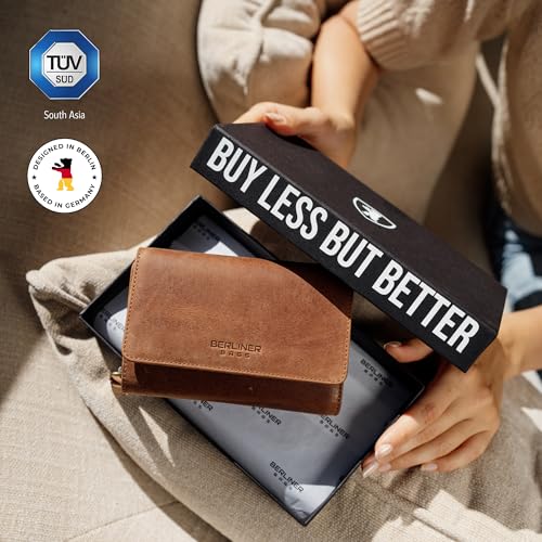 BERLINER BAGS Vintage Genuine Leather Wallet Vienna, RFID Blocking Credit Card Holder, Trifold Clutch Purses, Zip Around Womens Wallet for 19 cards, ID window, Bills, Coins - Brown3