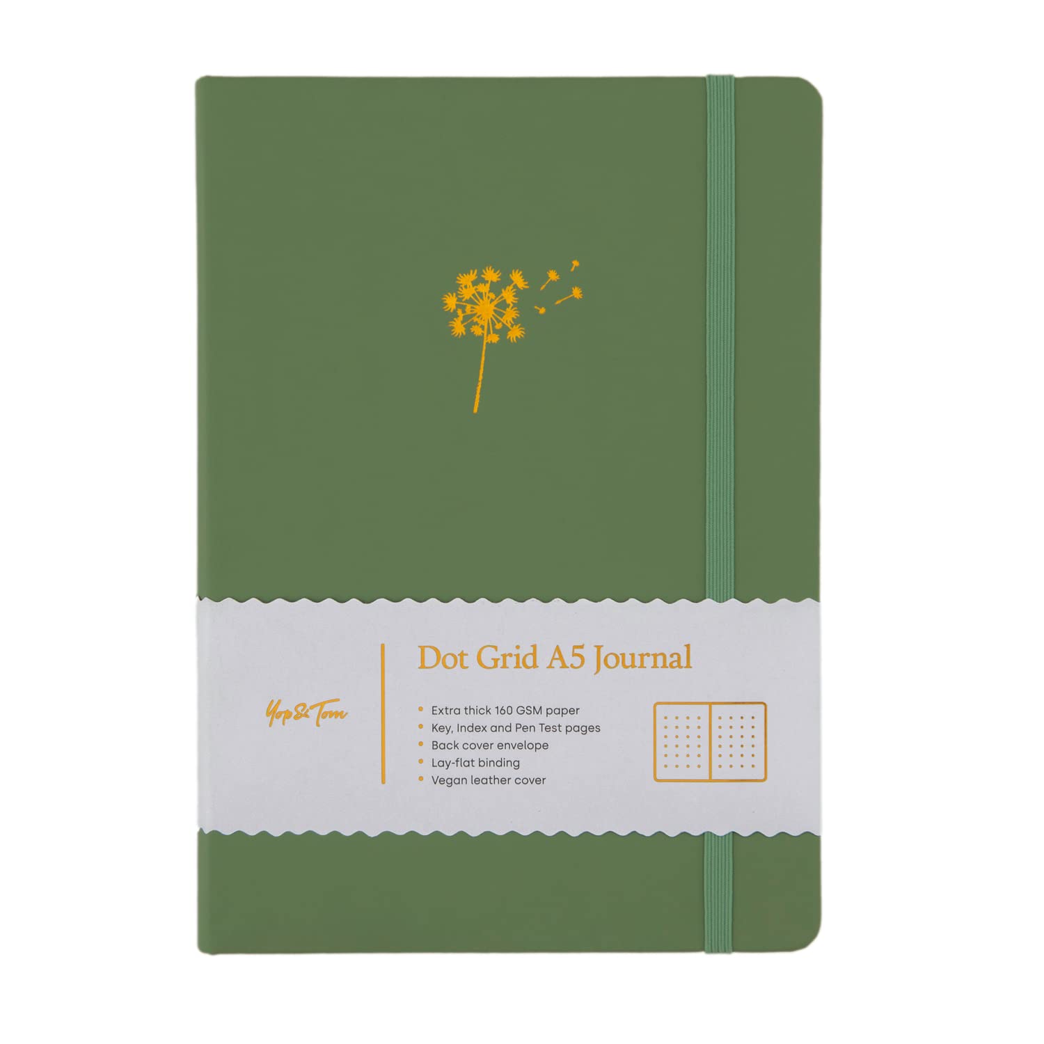 Yop & Tom A5 Dot Grid Journal - Dandelion - With Hardback Vegan Leather Cover and Extra Thick (160 GSM) Paper - Sage Green
