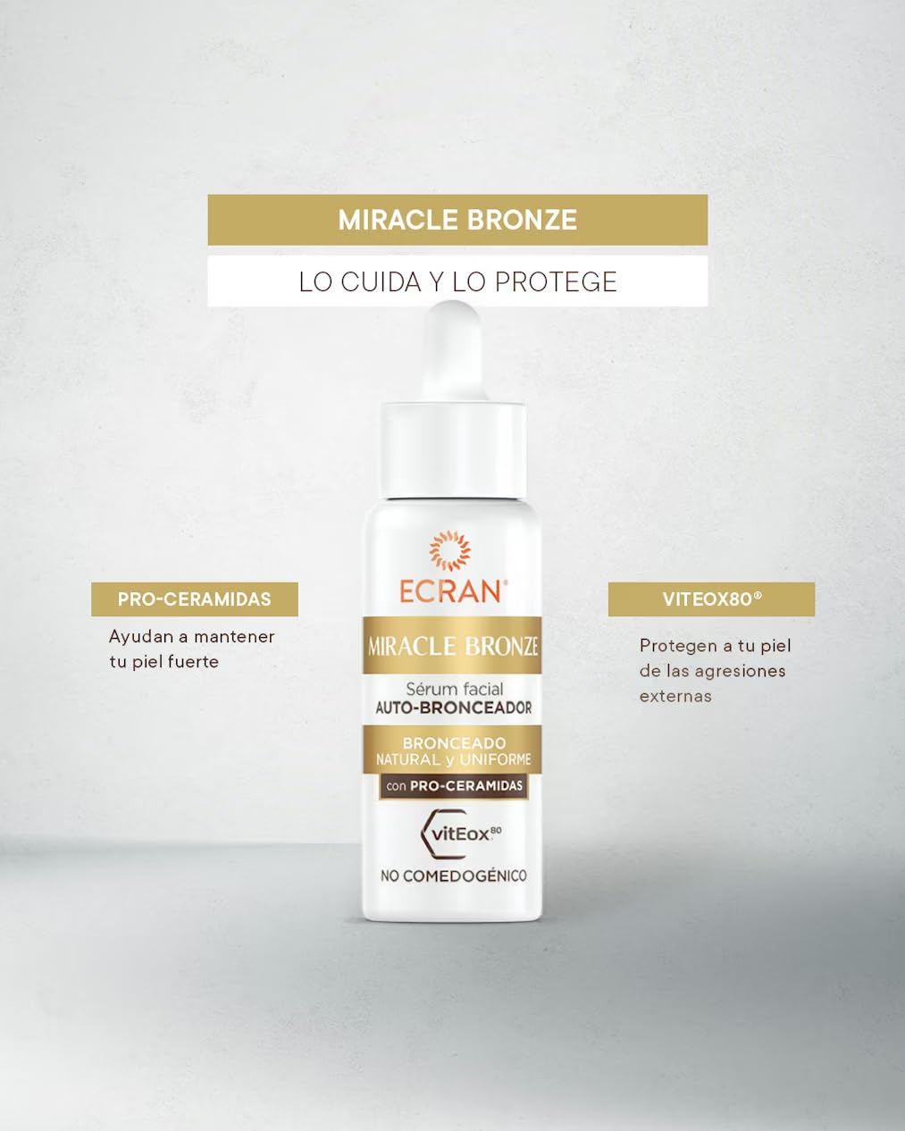 ECRAN Miracle Bronze Autobronceador Facial - Loción Bronceadora con Pro-Ceramidas - Bronceado Natural, Uniforme y Progresivo sin Sol - Textura Ligera, No Reseca ni Engrasa - 4 Días de Duración - 50 ml