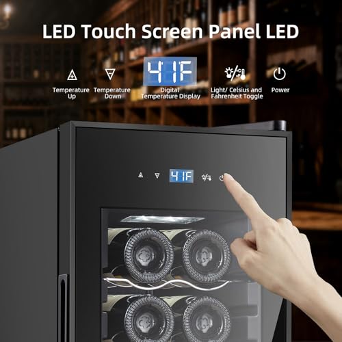 Image of Mini Wine Fridge, 12 Bottle Compressor Wine Cooler Refrigerator, Freestanding Wine Cellar For Red&White Wine, Digital Temperature Control, Removable Shelves, Glass Door