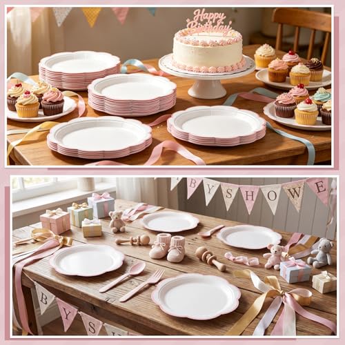 Image of NatNarr 30 Pcs Pink and White Paper Plates, 7 Inch White Plates with Pink Trim Scalloped Dessert Cake Plate Disposable for Baby Shower, Wedding, Bridal Shower, Birthday