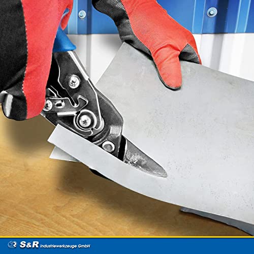 S&R Blechschere, Profi-Qualität Hochleistungsschere Ideal-Serie, stark und wendig, Rechtsschnitt, 260 mm, Durchlaufschere für Blech mit doppeltem Hebel