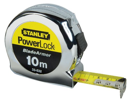 Stanley - Powerlock mètre Ruban 10m x 25mm Fabriqué en France- Ruban Large - Revêtement Blade Armor et mylar - Crochet 3 Rivets- Boitier Abs Antichoc - Blocage de Ruban- Position du 0 Réel- 0-33-532