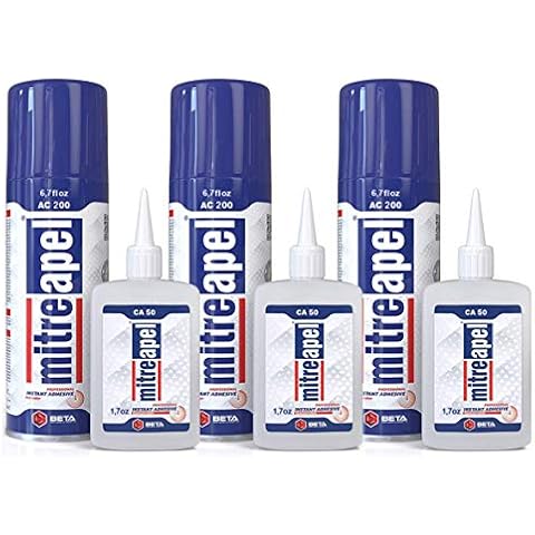 MITREAPEL Super CA Glue (3 x 1.7 oz) with Spray Adhesive Activator (3 x 6.7 fl oz) Ca Glue with Activator for Wood, Plastic, Metal, Leather, Ceramic - Cyanoacrylate Glue for Crafting&Building (3 Pk) Cover